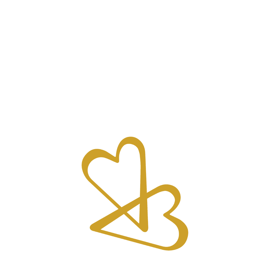 Logo minimaliste composé de deux cœurs entrelacés de couleur dorée sur fond blanc.