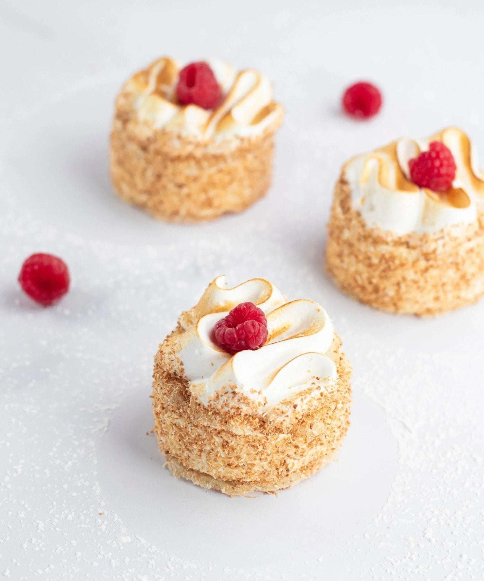Trois pâtisseries Délice de Maison Vatelier avec meringue brûlée et framboise fraîche.