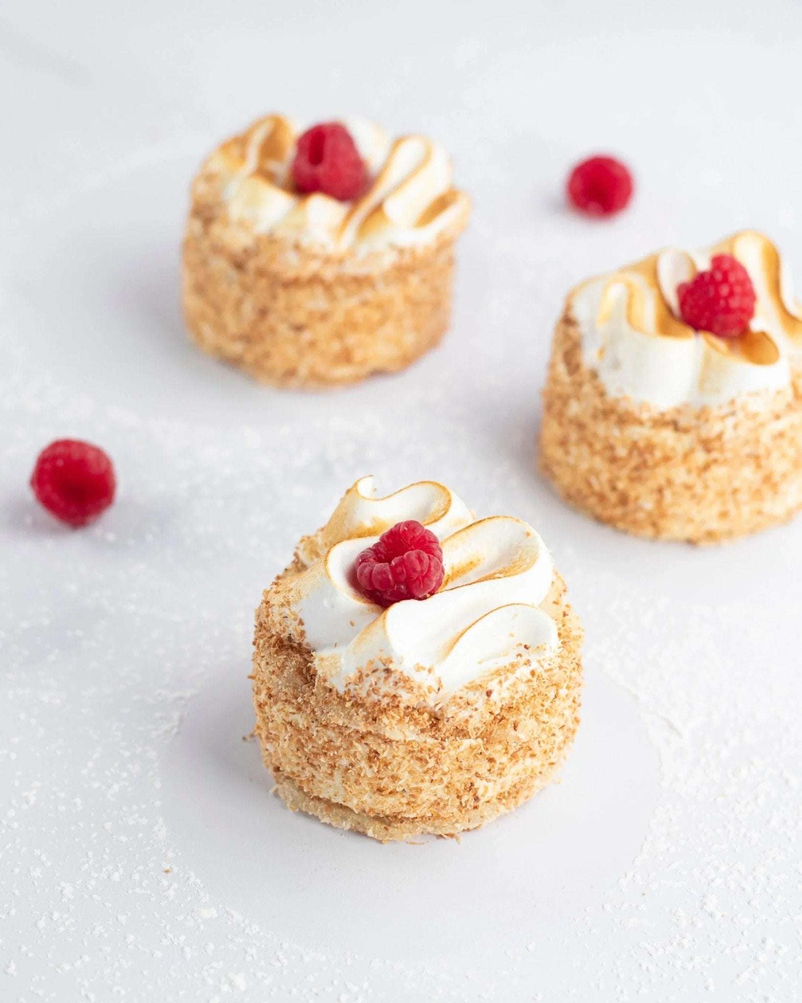 Trois pâtisseries Délice de Maison Vatelier avec meringue brûlée et framboise fraîche.