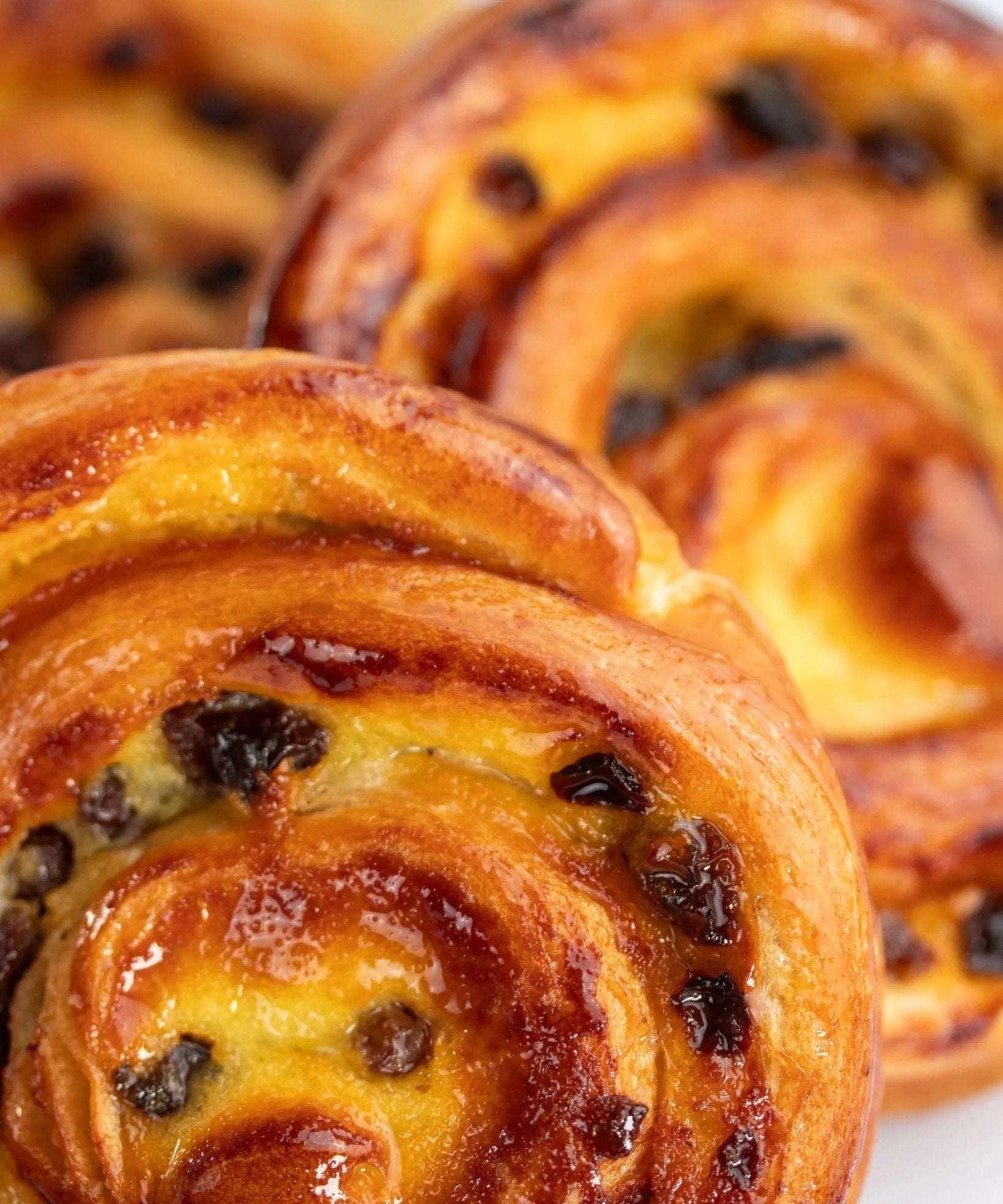 Gros plan de pains raisins Maison Vatelier, viennoiseries dorées et brillantes avec raisins secs.