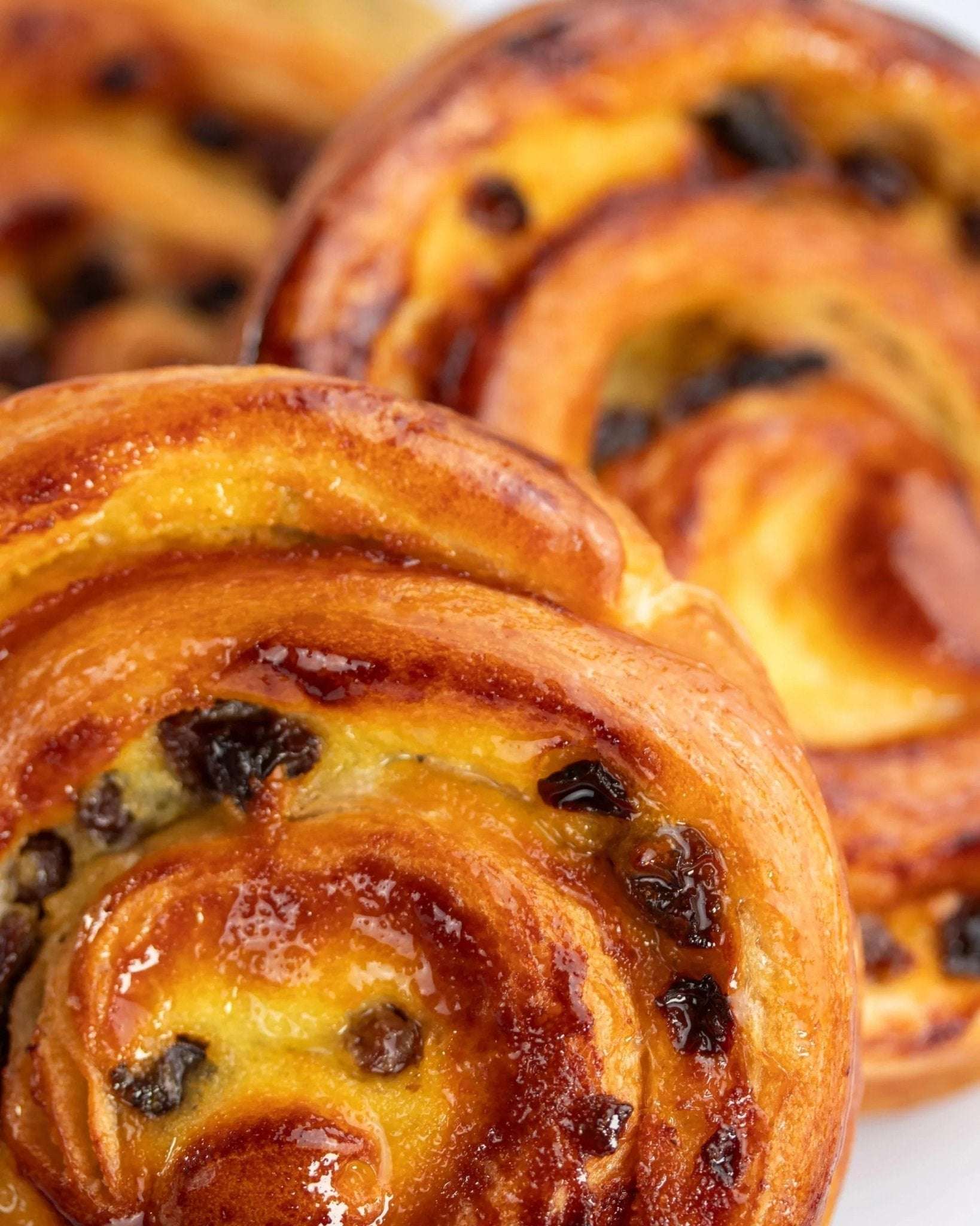 Gros plan de pains raisins Maison Vatelier, viennoiseries dorées et brillantes avec raisins secs.